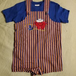 Vintage Boys 3t Crab Striped Shortalls Overalls Romper Beach Bbs